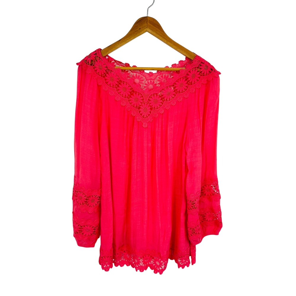Indigo Soul Women Crochet‎ Lace Trim Peasant Blouse Top Pink Long Sleeve Size L